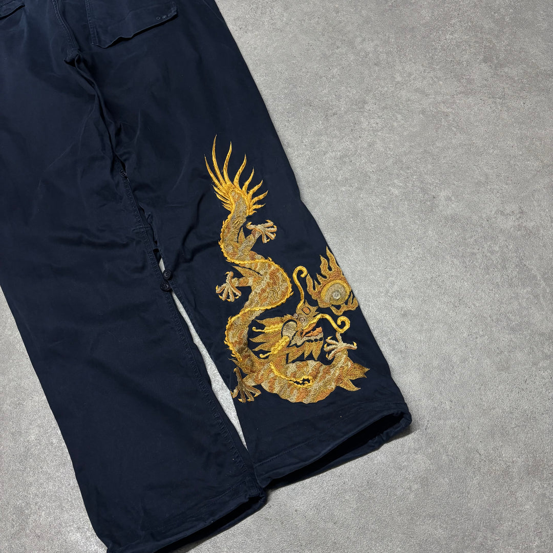 Maharishi Embroidered Navy Cargo Trousers (XL)