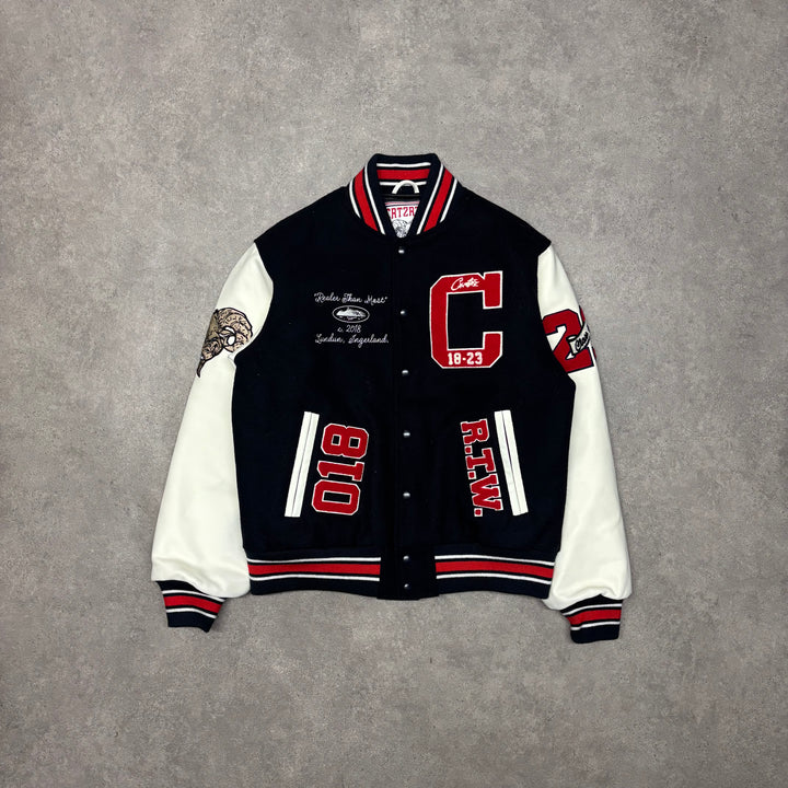 Corteiz Goat Black Varsity Leather Jacket (M)