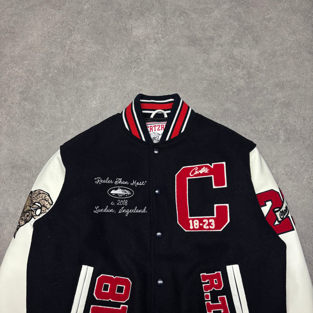 Corteiz Goat Black Varsity Leather Jacket (M)