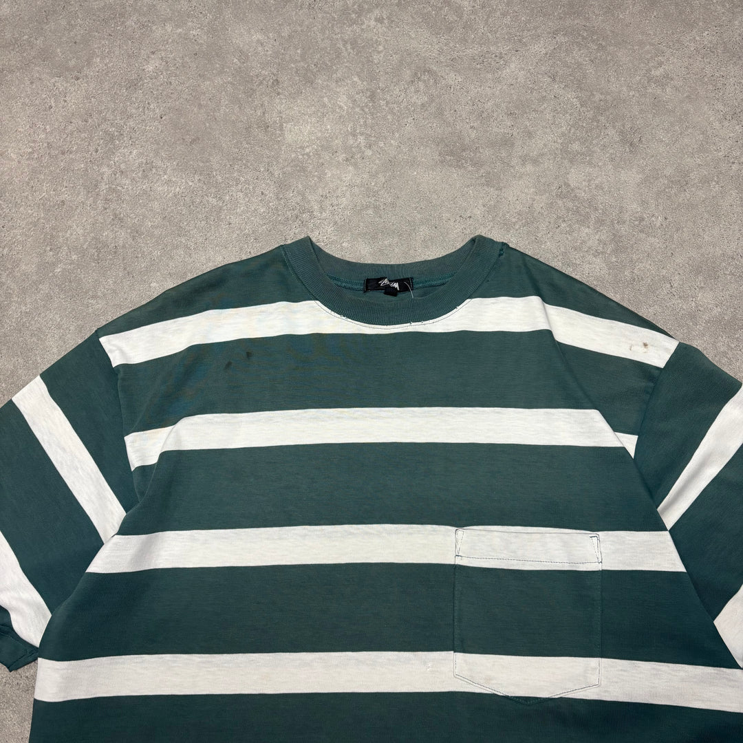 Vintage Stussy Green Striped T-Shirt (XL)