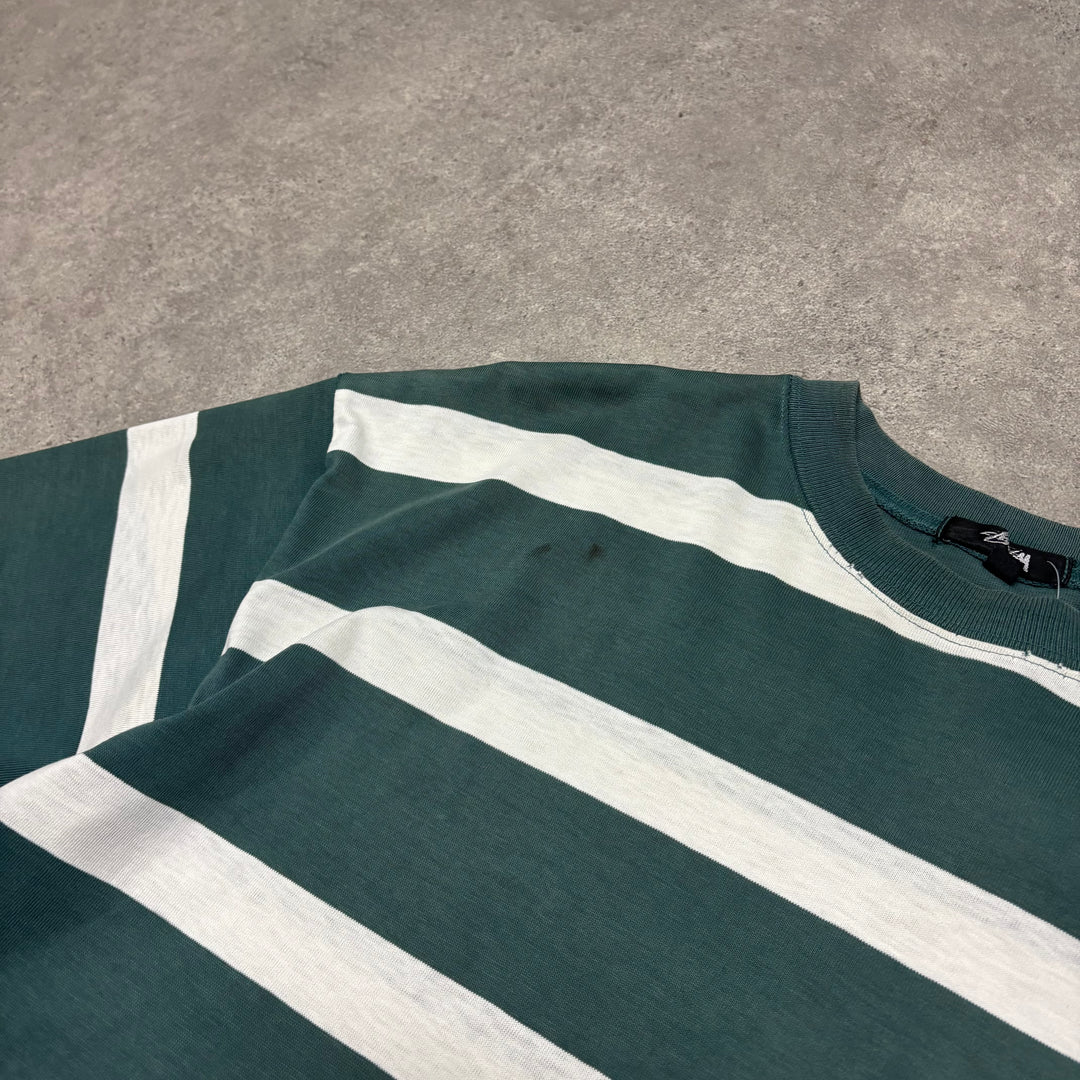 Vintage Stussy Green Striped T-Shirt (XL)