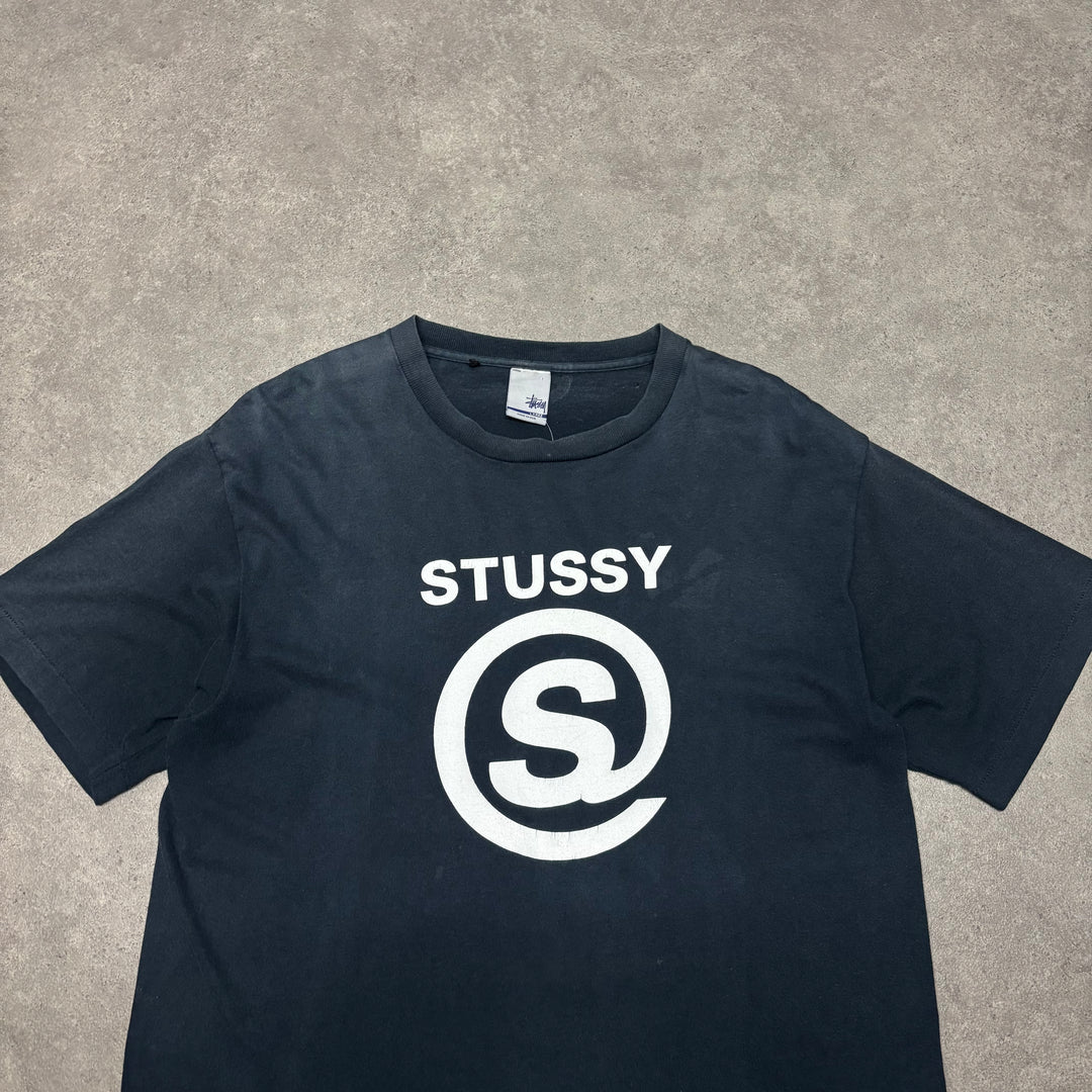 90's Vintage Stussy Navy Graphic T-Shirt (L)