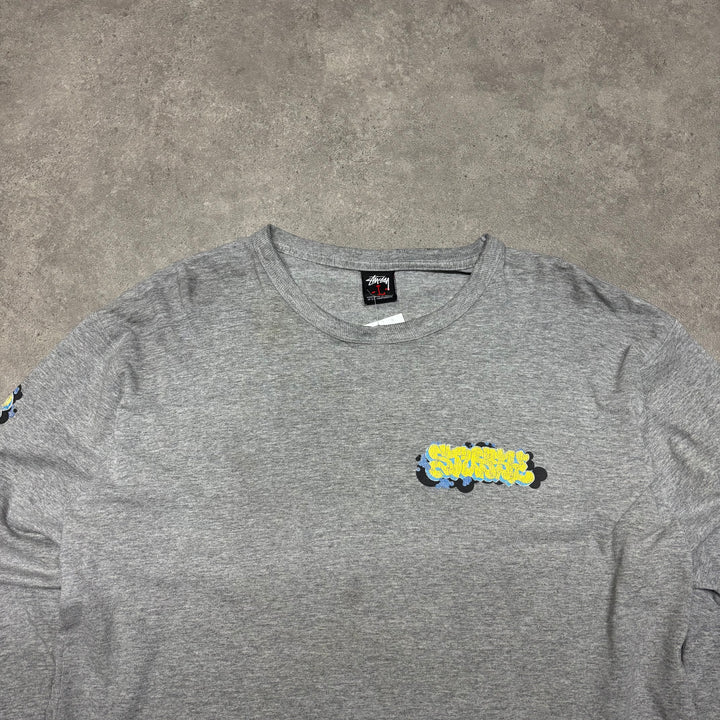 00's Vintage Stussy Grey Long Sleeve T-Shirt (L)