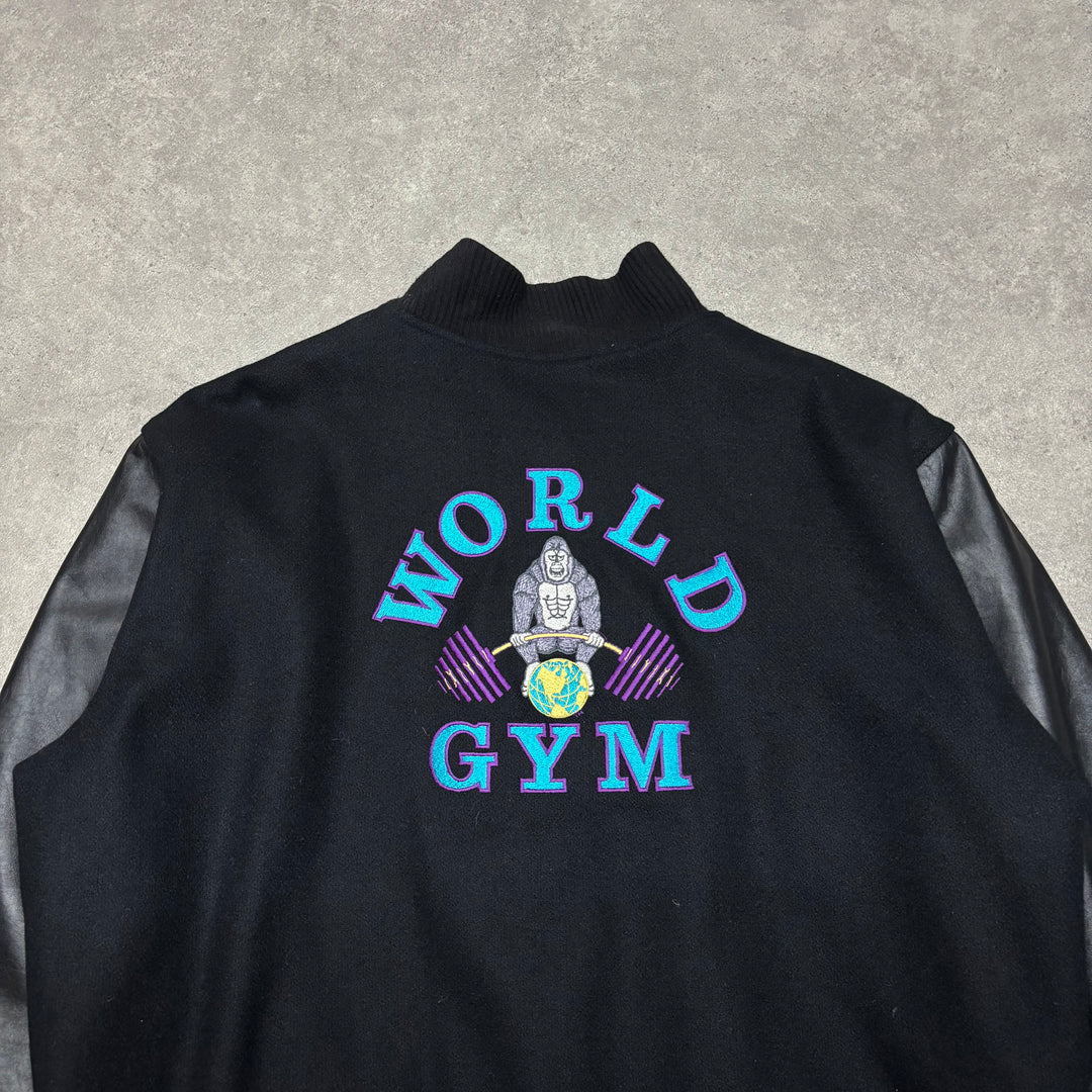 Vintage World Gym Varsity Black Leather Jacket (XL)