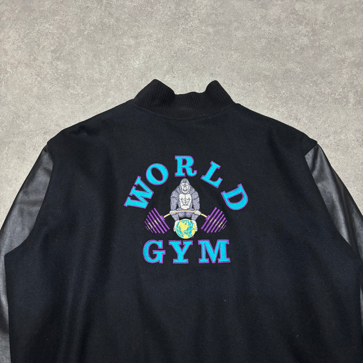 Vintage World Gym Varsity Black Leather Jacket (XL)
