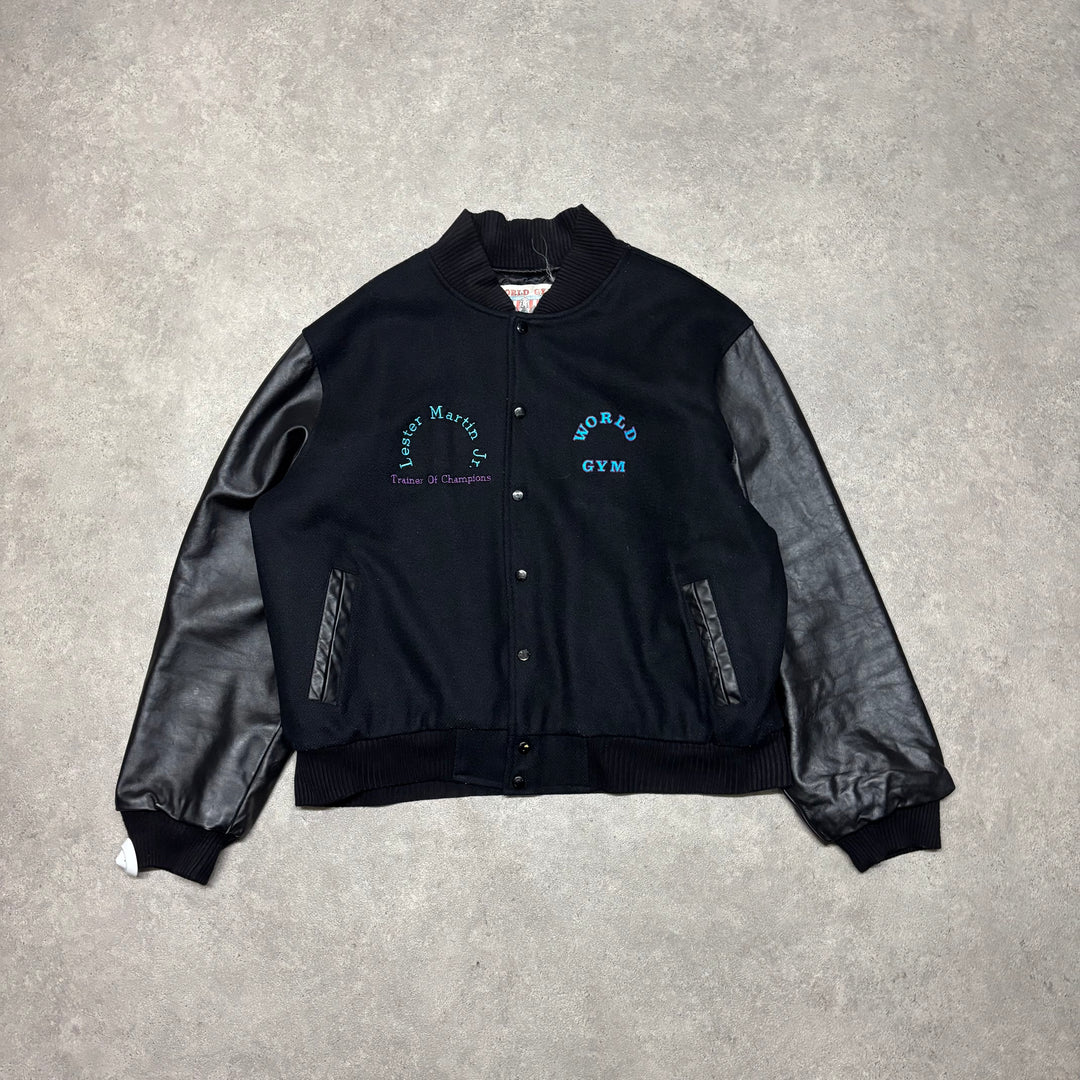 Vintage World Gym Varsity Black Leather Jacket (XL)