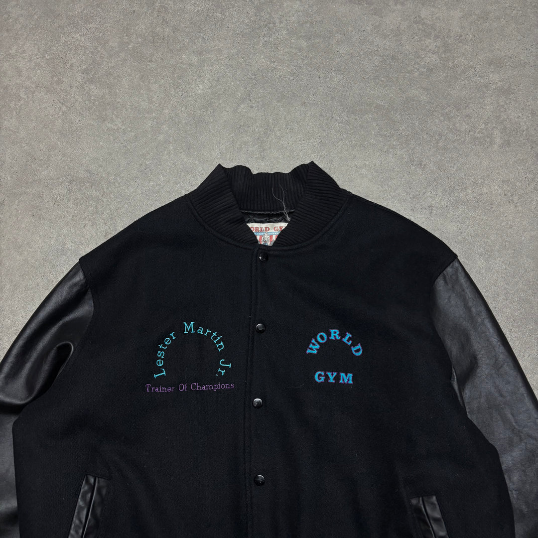 Vintage World Gym Varsity Black Leather Jacket (XL)