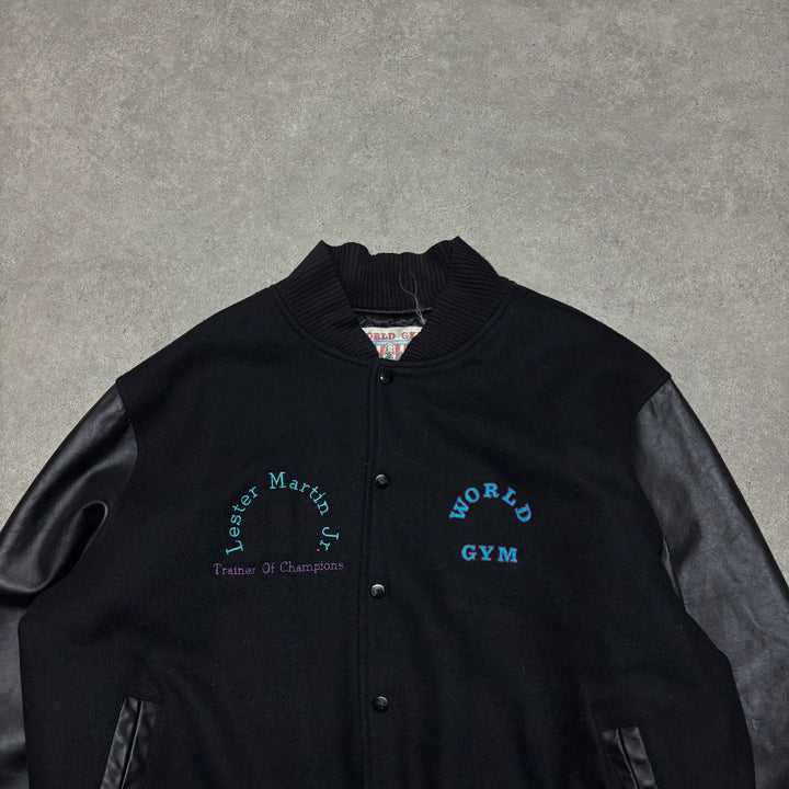 Vintage World Gym Varsity Black Leather Jacket (XL)