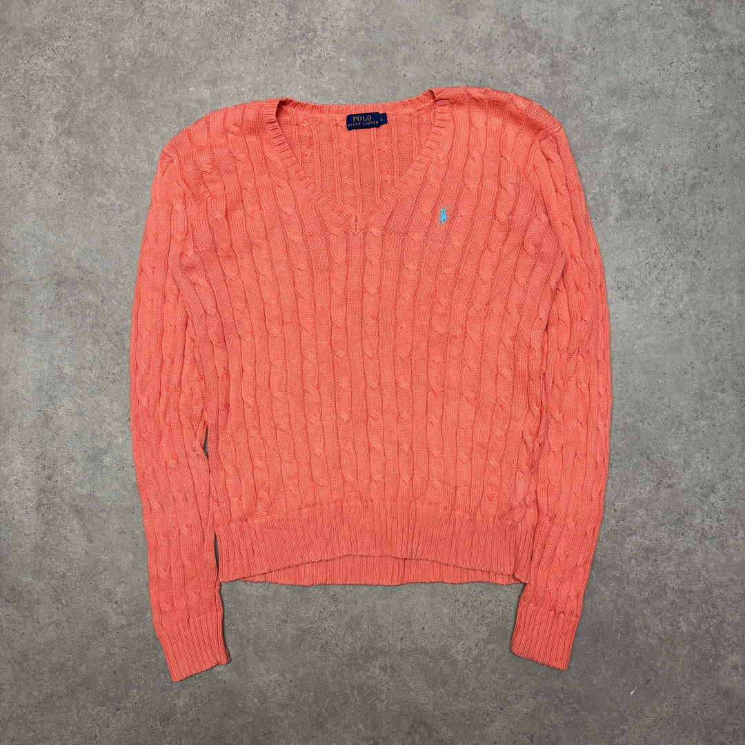 Polo Ralph Lauren V Neck Cable Knit Jumper Size L Orange