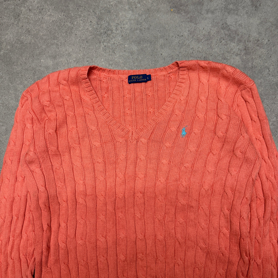 Polo Ralph Lauren V Neck Cable Knit Jumper Size L Orange