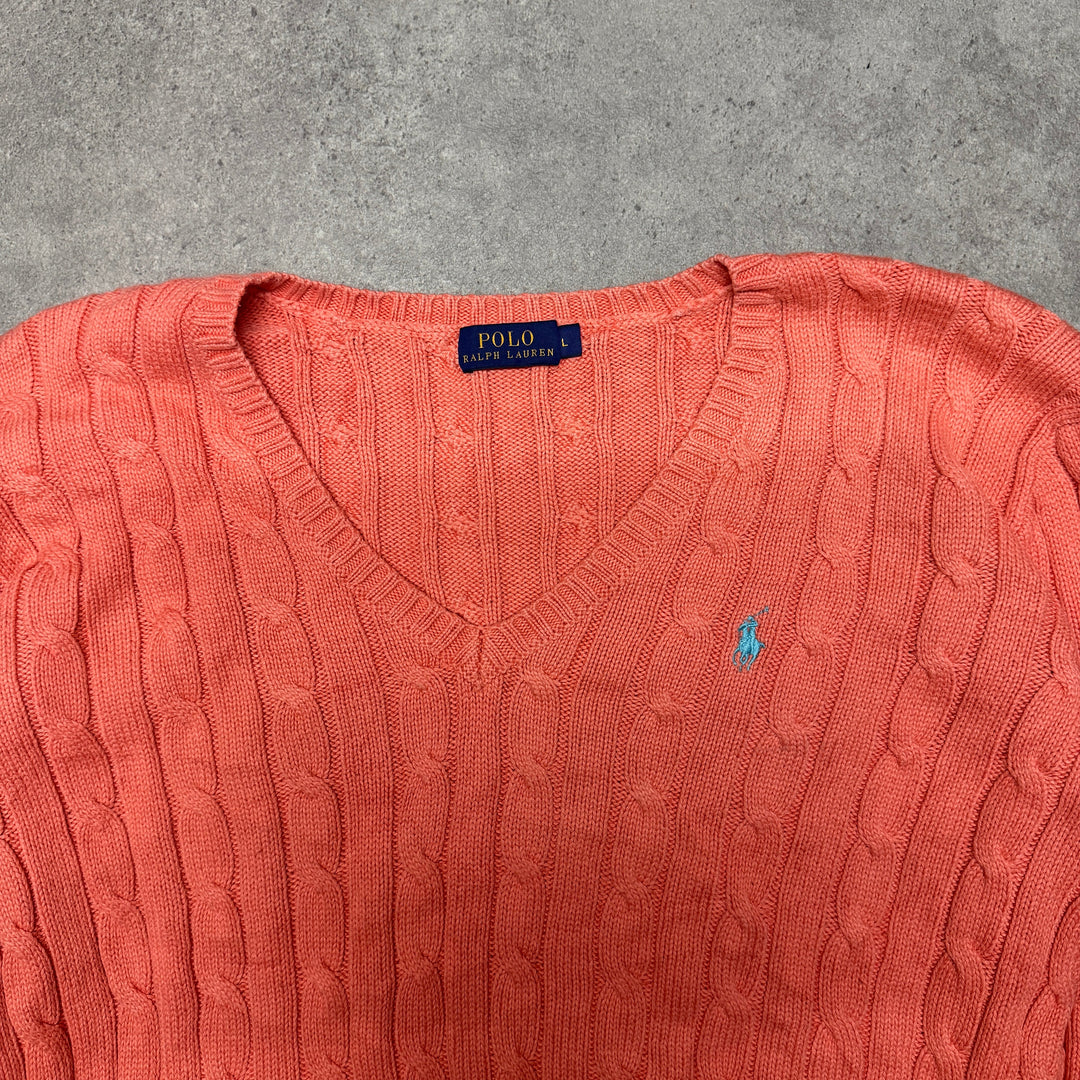 Polo Ralph Lauren V Neck Cable Knit Jumper Size L Orange