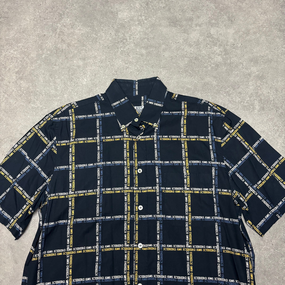 Iceberg Jeans Navy Checkered Short Sleeve Shirt (XL)