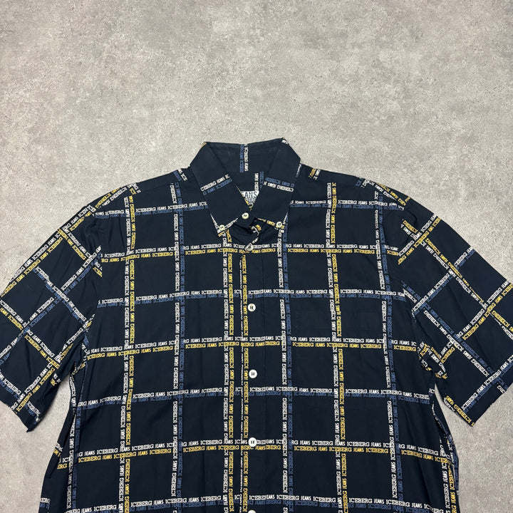 Iceberg Jeans Navy Checkered Short Sleeve Shirt (XL)