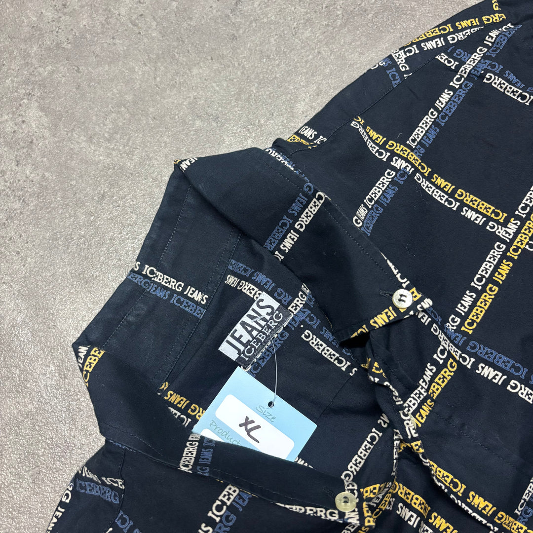 Iceberg Jeans Navy Checkered Short Sleeve Shirt (XL)