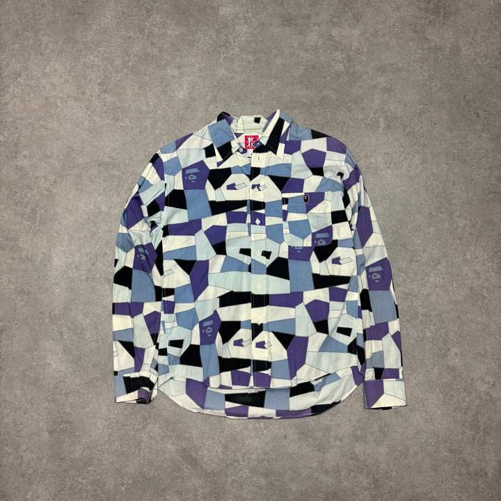 Bape A Bathing Ape Long Sleeve Blue Patterned Shirt (S)