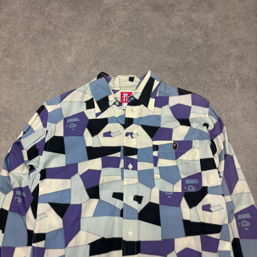 Bape A Bathing Ape Long Sleeve Blue Patterned Shirt (S)