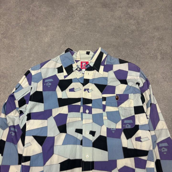 Bape A Bathing Ape Long Sleeve Blue Patterned Shirt (S)
