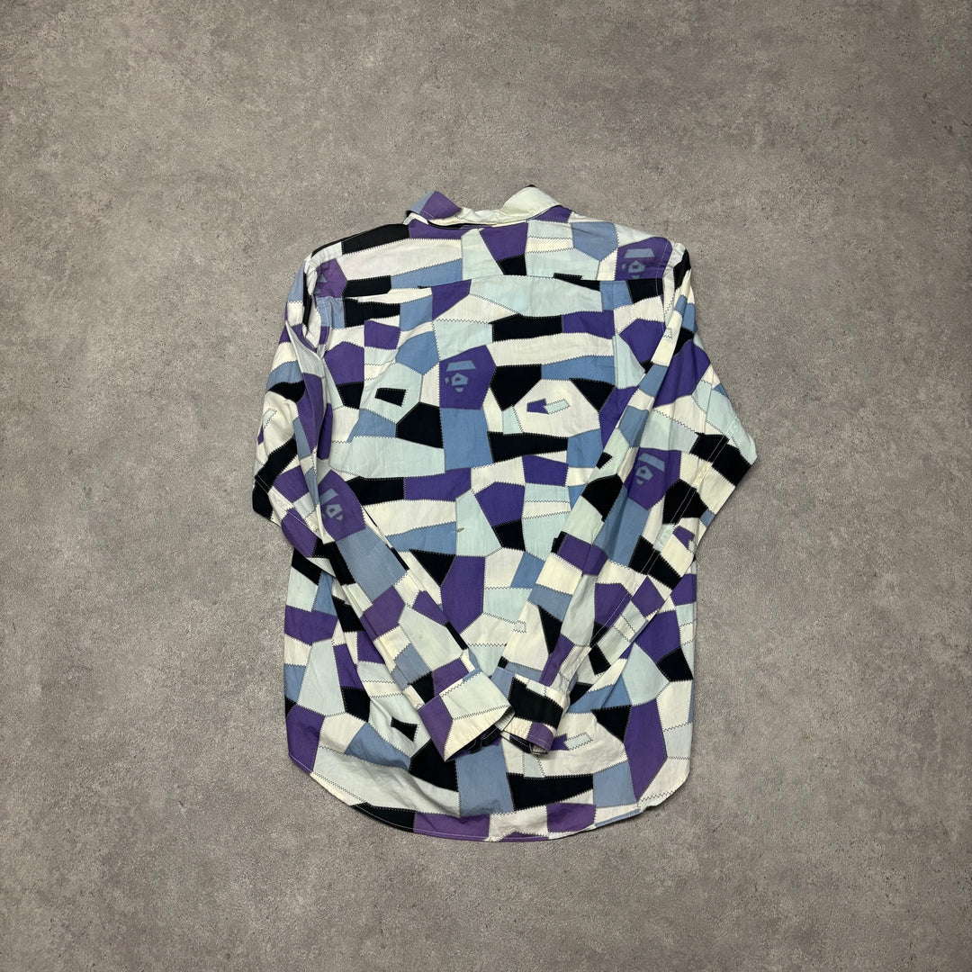 Bape A Bathing Ape Long Sleeve Blue Patterned Shirt (S)