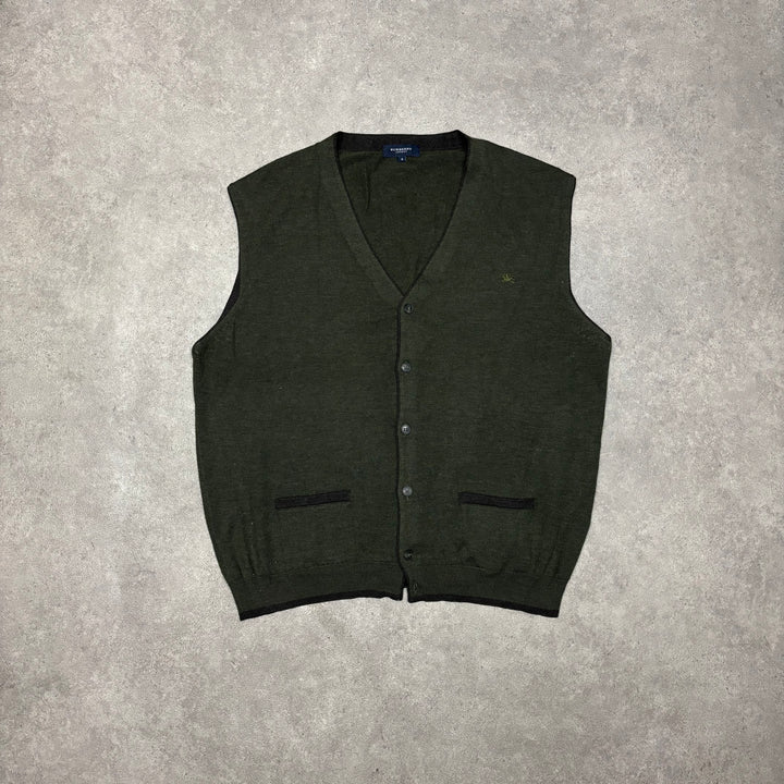 Vintage Burberry Green Button Up Knitted Sweater Vest (L)