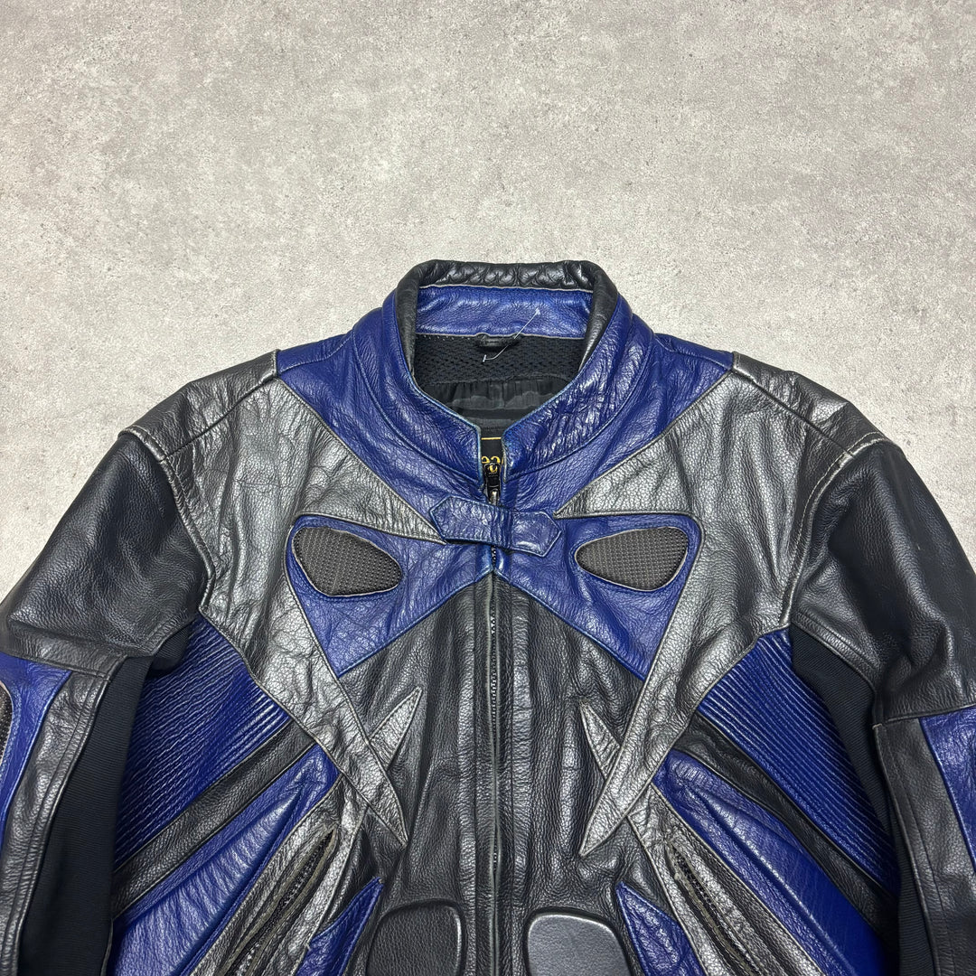 Vintage Moterbike Blue & Black Leather Jacket (M)