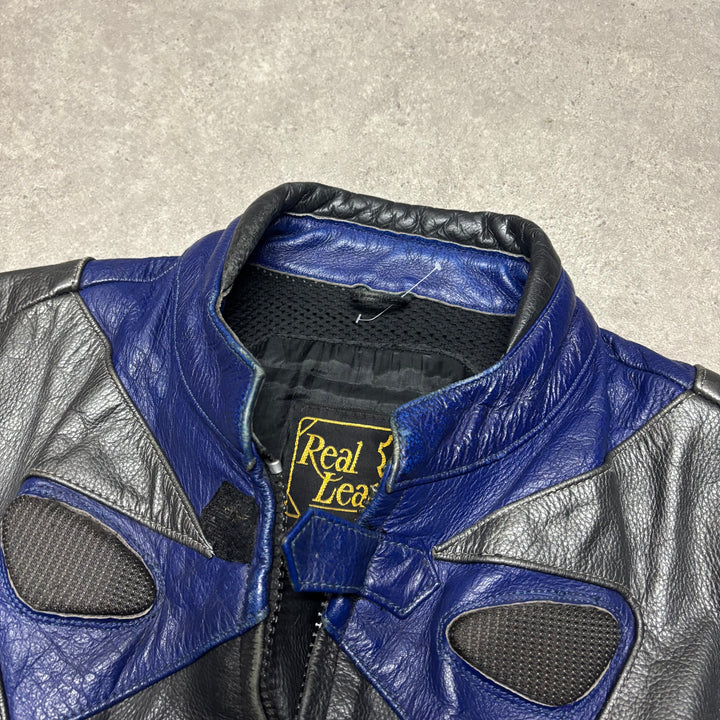 Vintage Moterbike Blue & Black Leather Jacket (M)