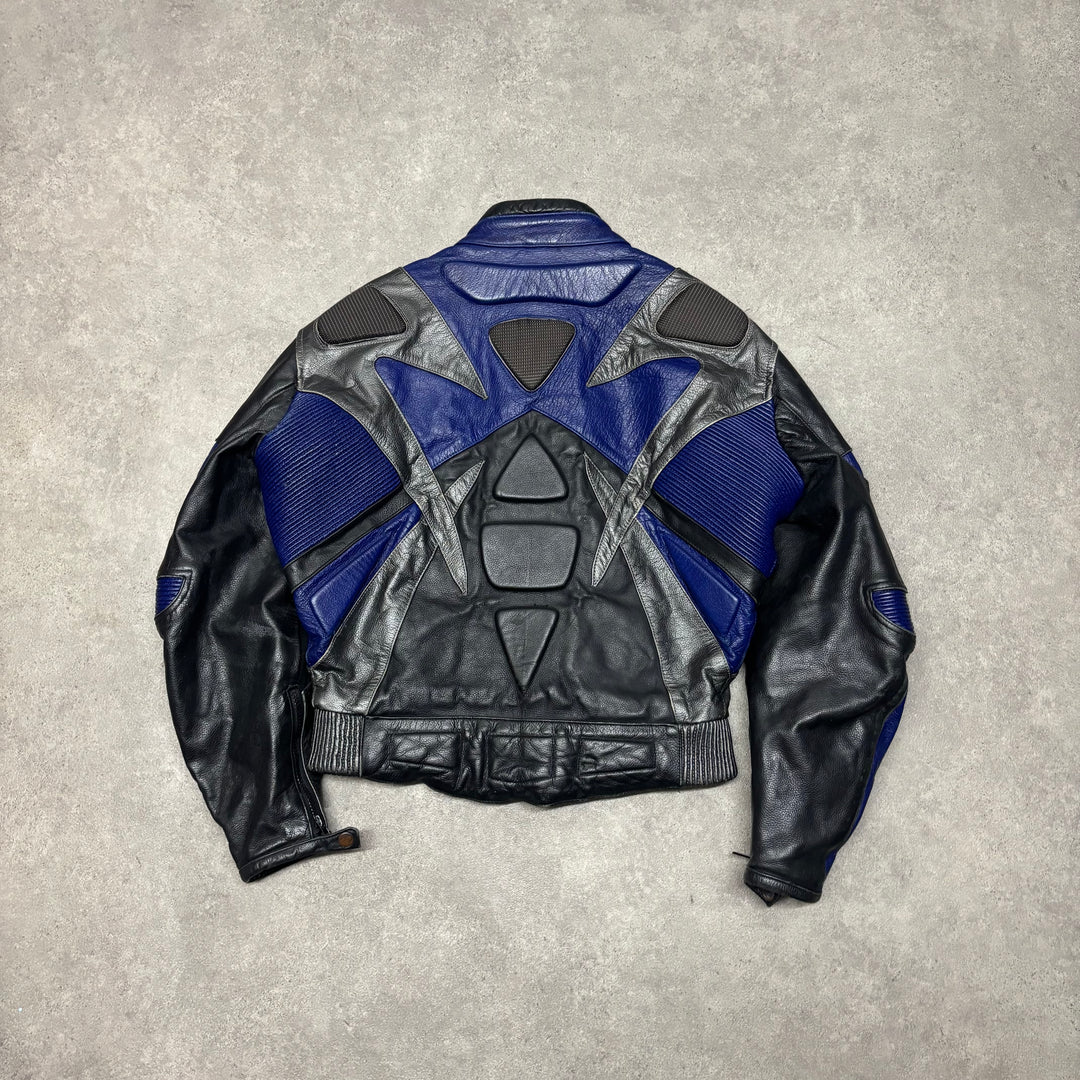 Vintage Moterbike Blue & Black Leather Jacket (M)