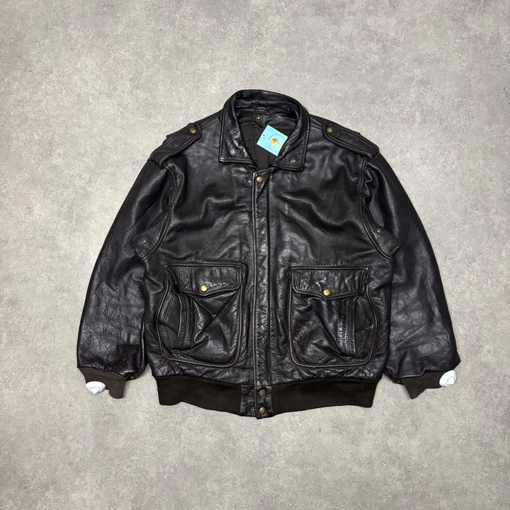 Vintage Brown Leather Flight Bomber Jacket (L)