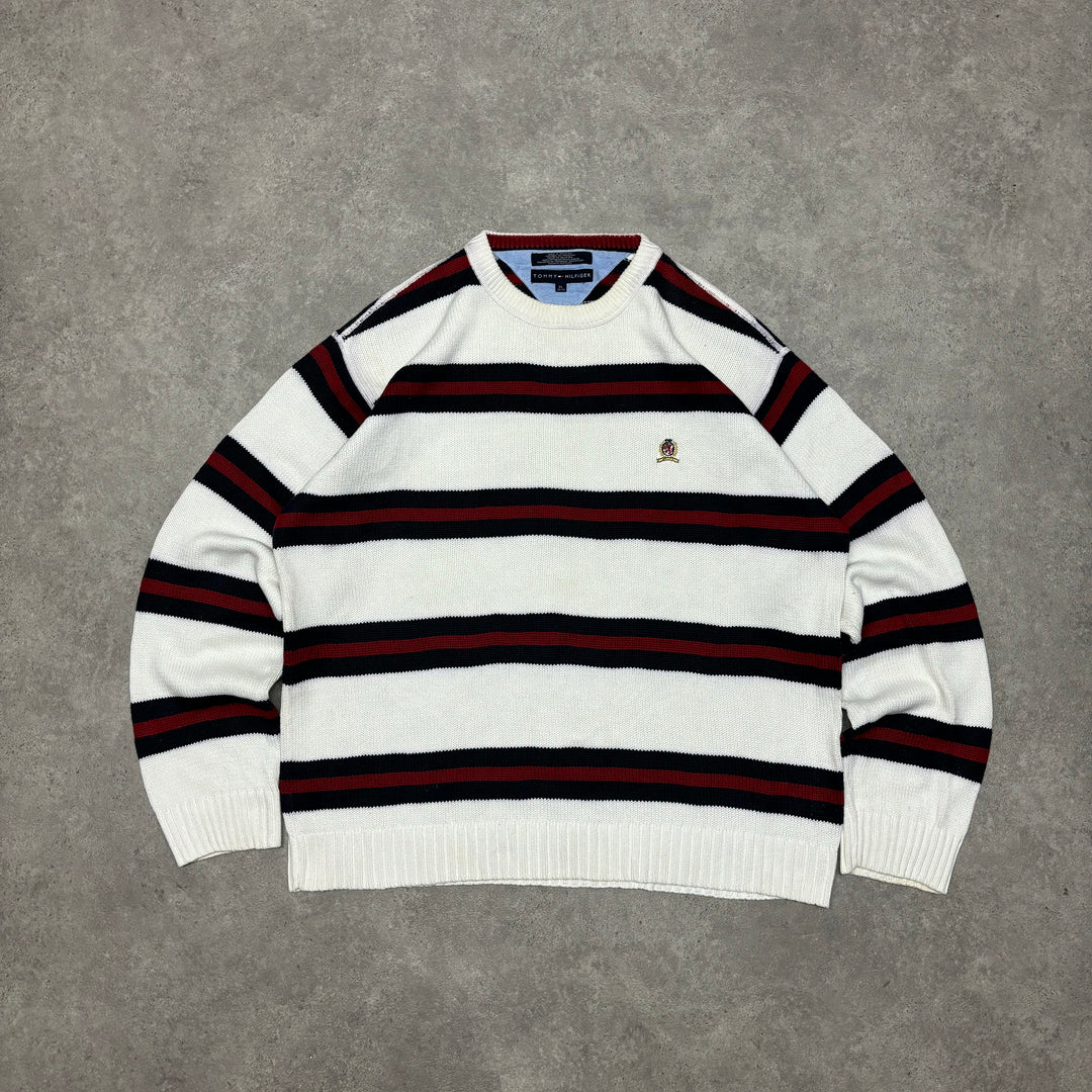 Vintage Tommy Hilfiger White & Red Stripy Heavy Knitted Sweater (XL)