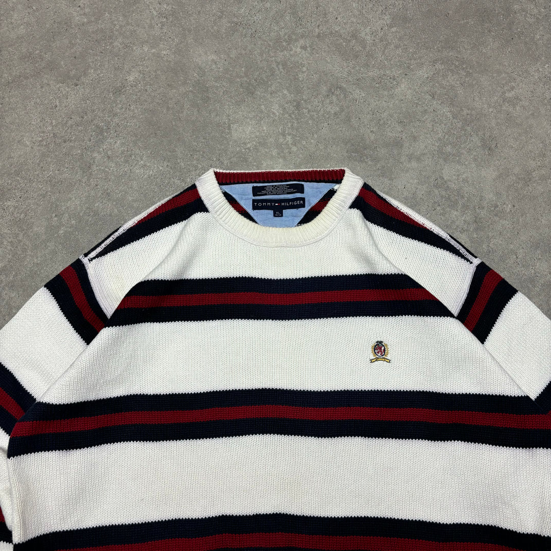 Vintage Tommy Hilfiger White & Red Stripy Heavy Knitted Sweater (XL)