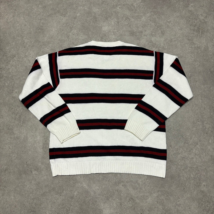 Vintage Tommy Hilfiger White & Red Stripy Heavy Knitted Sweater (XL)