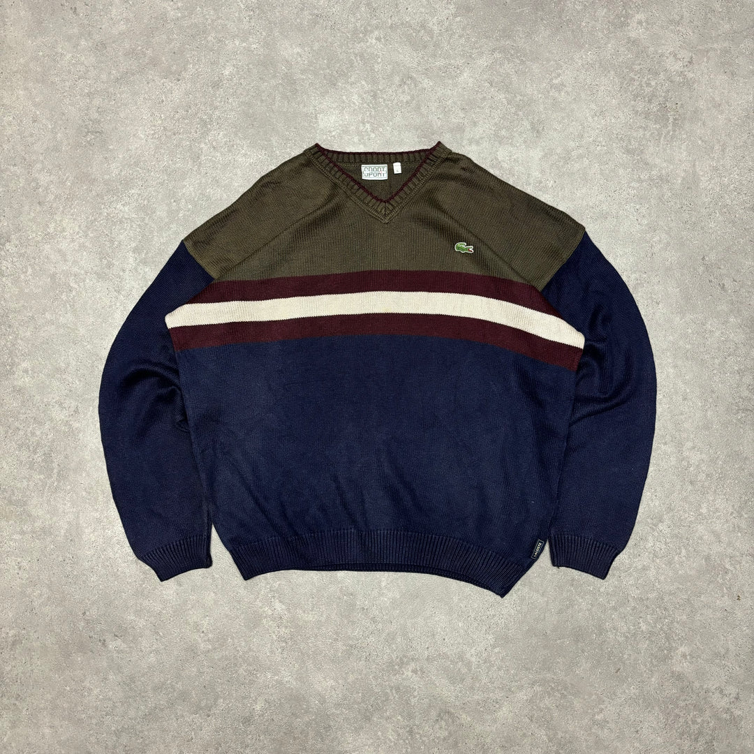 Vintage Lacoste Brown & Navy Stripy Heavy Knitted Sweater (XL)