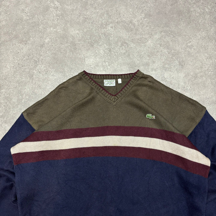 Vintage Lacoste Brown & Navy Stripy Heavy Knitted Sweater (XL)