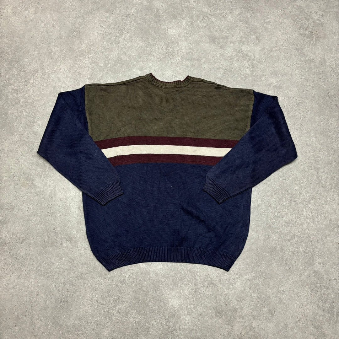 Vintage Lacoste Brown & Navy Stripy Heavy Knitted Sweater (XL)