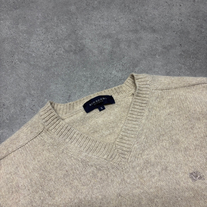 Vintage Burberry V-Neck Wool Beige Knitted Sweater (S)